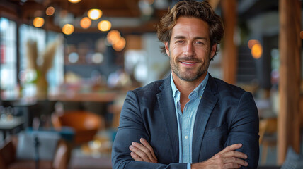 Fototapeta premium A handsome man in a business suit with a smile on his face stood there with his arms crossed, against the blurry backdrop of a modern office space