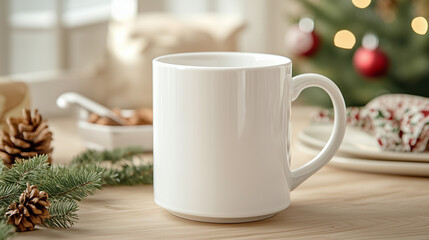 Fototapeta premium Winter Holiday Season Theme with Blank Mug, Festive Decoration Background, Christmas background