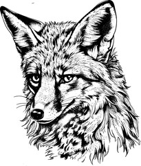 Close-up black and white illustration of a fox's face.