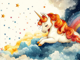 whimsical unicorn rests on colorful clouds under starry sky, radiating joy and magic. This enchanting scene captures essence of fantasy and wonder