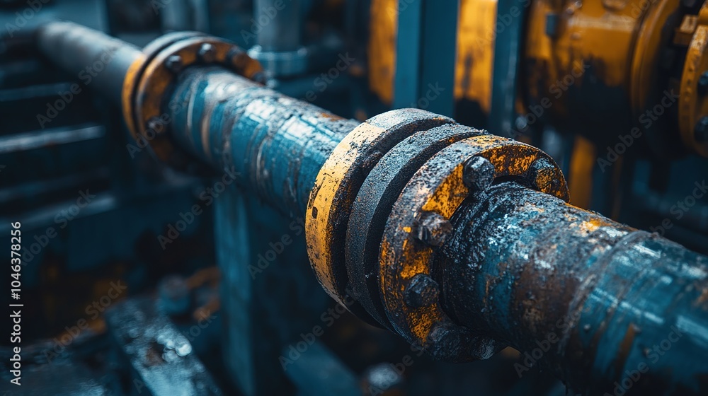 Poster rusty industrial pipe with textured surface and colors captured close-up in a mechanical setting dur
