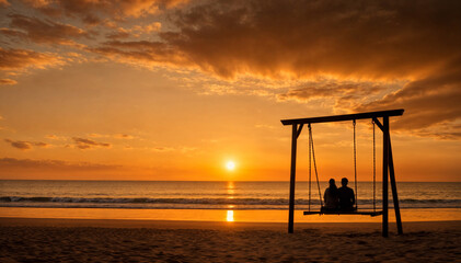 Fototapeta premium a couple sitting on a swing on a beach at sunset with the ocean and clouds in the background.