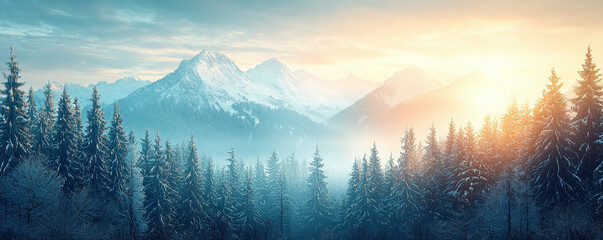 breathtaking winter forest landscape featuring snow covered trees and majestic mountains under soft sunrise. serene atmosphere evokes sense of tranquility and wonder