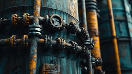 Rusty industrial pipe with textured surface and colors captured close-up in a mechanical setting during daylight hours