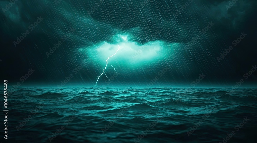Poster dramatic ocean storm with lightning and dark clouds, creating a powerful atmosphere.