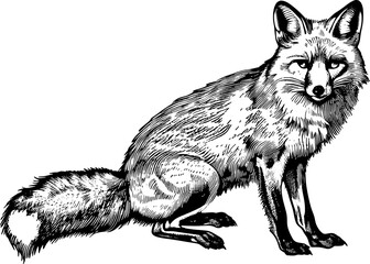 A detailed black and white illustration of a sitting fox with its tail behind it.