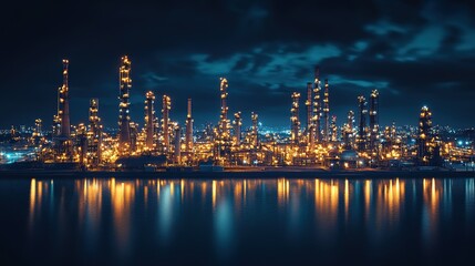 Naklejka premium Illuminated industrial skyline at night showcasing towering refinery structures and vibrant reflections on the water