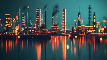 Aerial view of a futuristic oil refinery complex with multiple drilling platforms operating at night, emitting bright lights and smoke