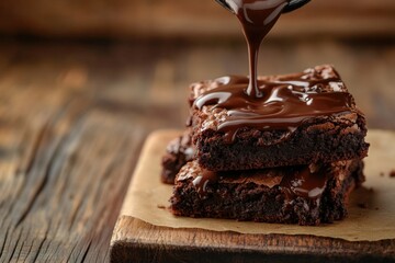 Obraz premium A close-up of melted chocolate being poured over a stack of brownies on a wooden board, with blank space at the top for text or promotional content.
