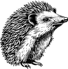 Black and white illustration of a hedgehog's face with sharp quills, a small eye, and a long snout.