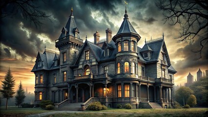 Obraz premium Spooky mansion with turrets and Gothic architecture in the background, gothic, halloween, old