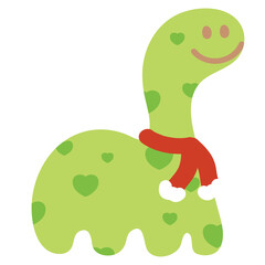 Cute illustration of dinosaur wearing red scarf for Christmas and New Year festive decoration, cartoon, winter elements, animals, sticker, happy holidays, amusement park, patch, doll, brooch, toy