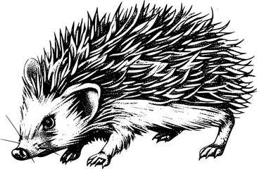 Black and white illustration of a hedgehog walking.