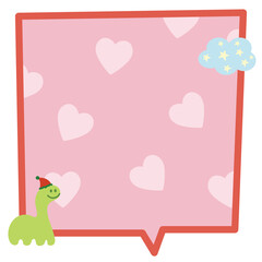 Illustration of pink text bubble with dinosaur, cloud, heart pattern background for cartoon, comic, dialogue, chatting, speech, communication, sticker, social media, decoration, Valentine, print