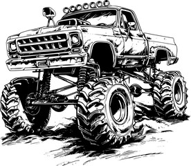 Black and white illustration of a monster truck with large tires. (1) © shahadatarman 0