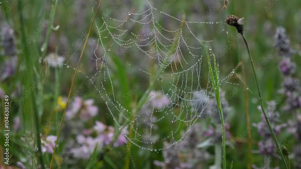 Wall mural the web of dew is morning. raindrops on a spider web in close-up. fragile threads are swaying in the
