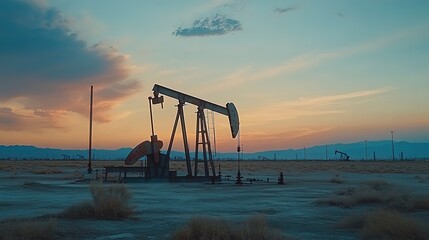Oil pump jack silhouette against a colorful sunset in a desert landscape with distant oil rigs in the background