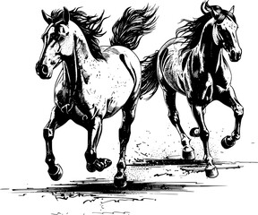 Two black and white horses running side by side.