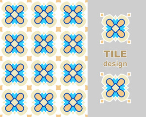 Set of vector hand drawn pattern of square ceramic tile. Ornate patchwork pattern design. Typical Mediterranean floor and wall tiles in different patterns in blue, brown yellow and white color