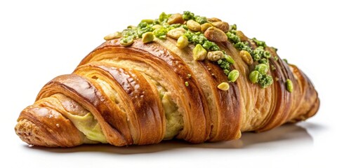 Fototapeta premium Fresh crispy croissant filled with pistachio cream , bakery, breakfast, pastry, French, delicious, sweet, snack, gourmet, dessert