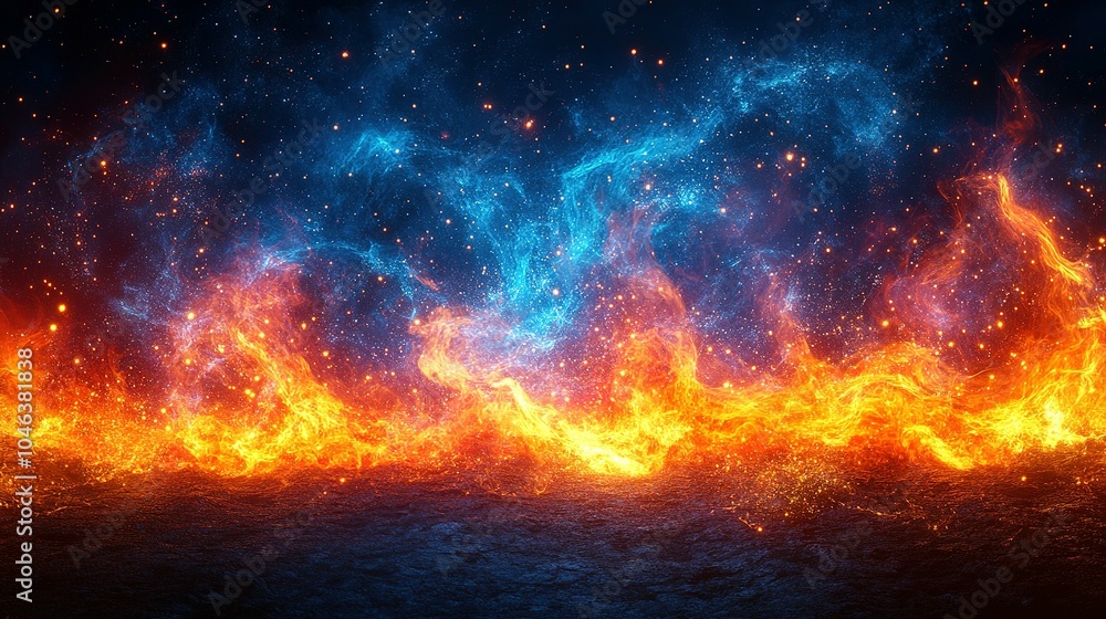 Poster abstract fire and ice with sparkles and a dark background