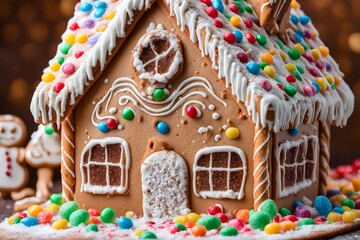 A close up of a beautifully frosted gingerbread house decorated with colorful candies, Ai Generated