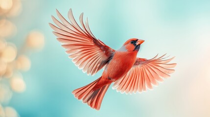 Stunning red bird gliding through a calm, pale blue sky, highlighting the elegance and power of flight. soaring bird, natural freedom