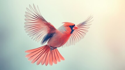 Obraz premium Stunning red bird gliding through a calm, pale blue sky, highlighting the elegance and power of flight. soaring bird, natural freedom