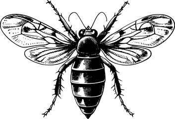 A detailed black and white drawing of a bee with its wings spread.