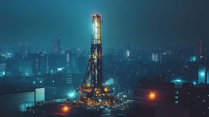 A construction site glows under city lights at night with heavy machinery preparing ground for development