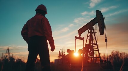 Naklejka premium Oil drilling equipment operates at sunset near an industrial site surrounded by mountains and smoke in a remote desert location