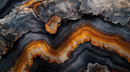 Obraz premium Stunning close-up of layered orange and black minerals showcasing intricate textures in natural formations