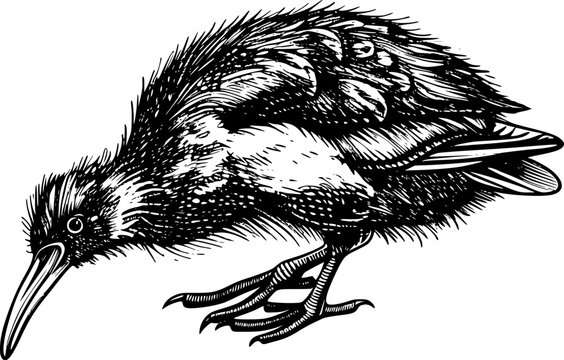 recommend clip art: Black and white illustration of a kiwi bird with a long beak and short legs.