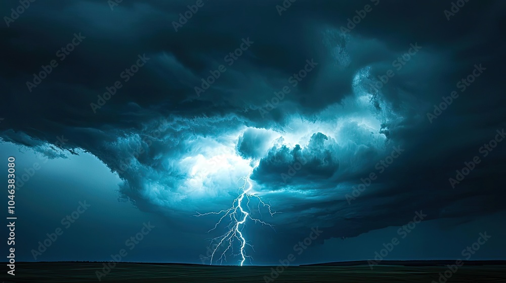 Poster lightning striking dark clouds during a storm over an open landscape.
