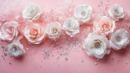 Fototapeta premium A charming Valentine's Day banner featuring a pastel pink backdrop embellished with sparkling silver roses, ideal for expressing love and affection.