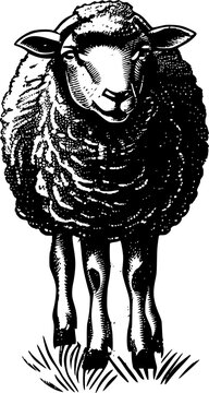 recommend clip art: Black and white line art illustration of a sheep with wool, facing forward.