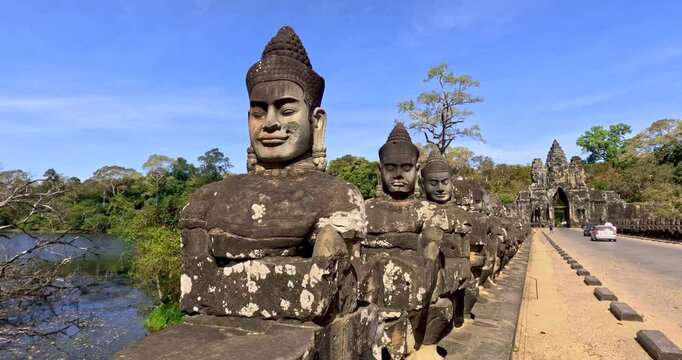 Tonle Om South Gate Bridge in Bayon temple complex, Cambodia.
