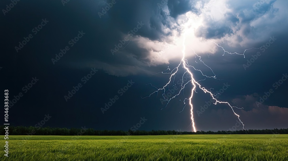 Poster lightning strikes over a green field under dark storm clouds.