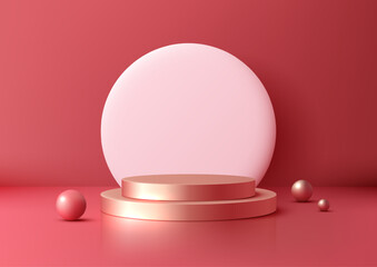 Elegant 3D Product Display with Rose Gold Podium and Vibrant Red Backdrop, Minimalist Mockup for Luxury Presentations and Showrooms