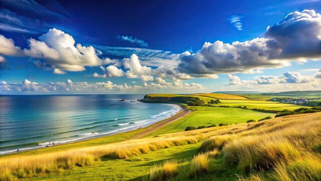 Scenic landscape with slagheap under blue sky