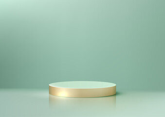 3D Elegant Circular White Podium with Gold Base on Light Green Background, Ideal for Luxury Product Display and Mockup Showcase