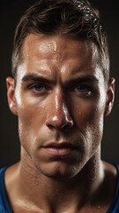 Fototapeta premium Close-up portrait of a serious athlete with sweat on their face, with large copy space on a textured background.