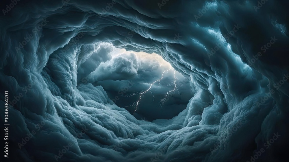 Poster dramatic storm clouds with lightning, isolated on dark background.