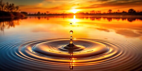 Saffron-colored water droplets gently falling onto a still pond at sunrise, against a serene and peaceful background, nature, saffron colored water, pond, reflection, lake
