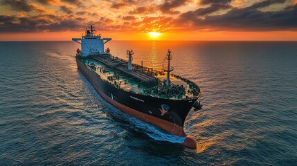 Obraz premium Large tanker vessel navigates open waters at sunset, displaying vibrant colors in the sky over the ocean