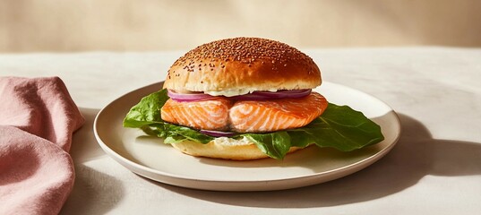 Delicious Salmon Burger on a Sesame Seed Bun with Red Onion and Greens