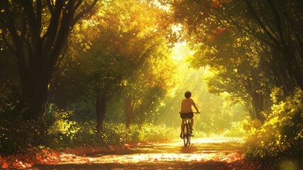 Fototapeta premium 2410 83.A cyclist balancing hands-free while gliding through a peaceful park, the bike tires quietly rolling along a leaf-strewn pathway, as soft sunlight filters through the dense foliage above.