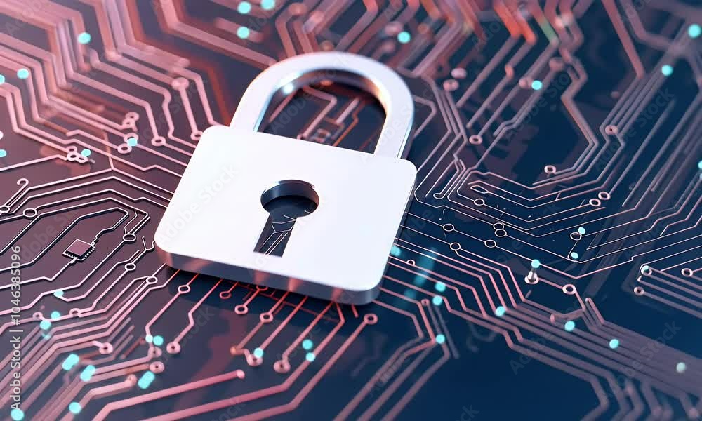 Poster 3D rendering of a white padlock icon on a circuit board background with copy space for concepts related to security technology and data protection.