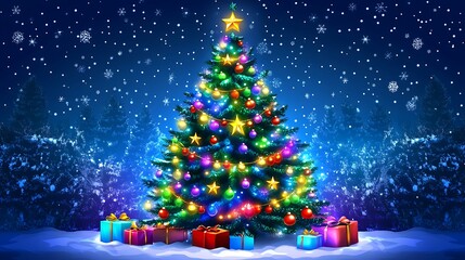 Obraz premium Background holiday tree light xmas card winter happy green merry. Gold tree festive background holiday red blue noel eve decor ornament banner branch night white year frame new greeting gift snow 