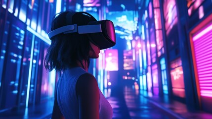 Obraz premium A person immersed in virtual reality exploring a digital landscape filled with vibrant data visuals in an immersive environment
